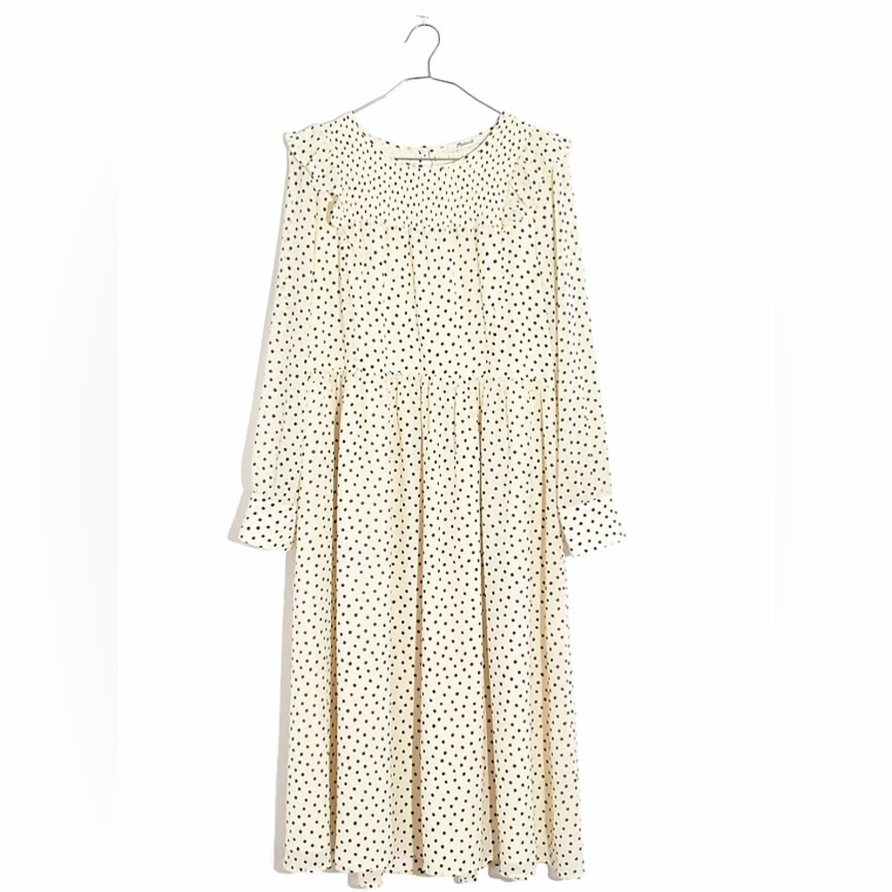 Madewell Smocked Ruffle Shoulder Midi Dress Cream with Inkbrush Dots. size Med